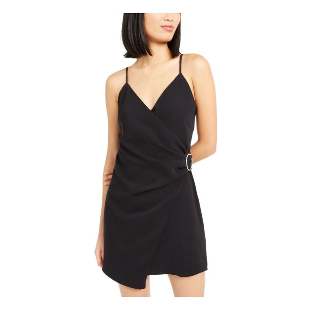 LEYDEN Womens Sheath Short Dress Black Spaghetti Strap V Neck Party Juniors M
